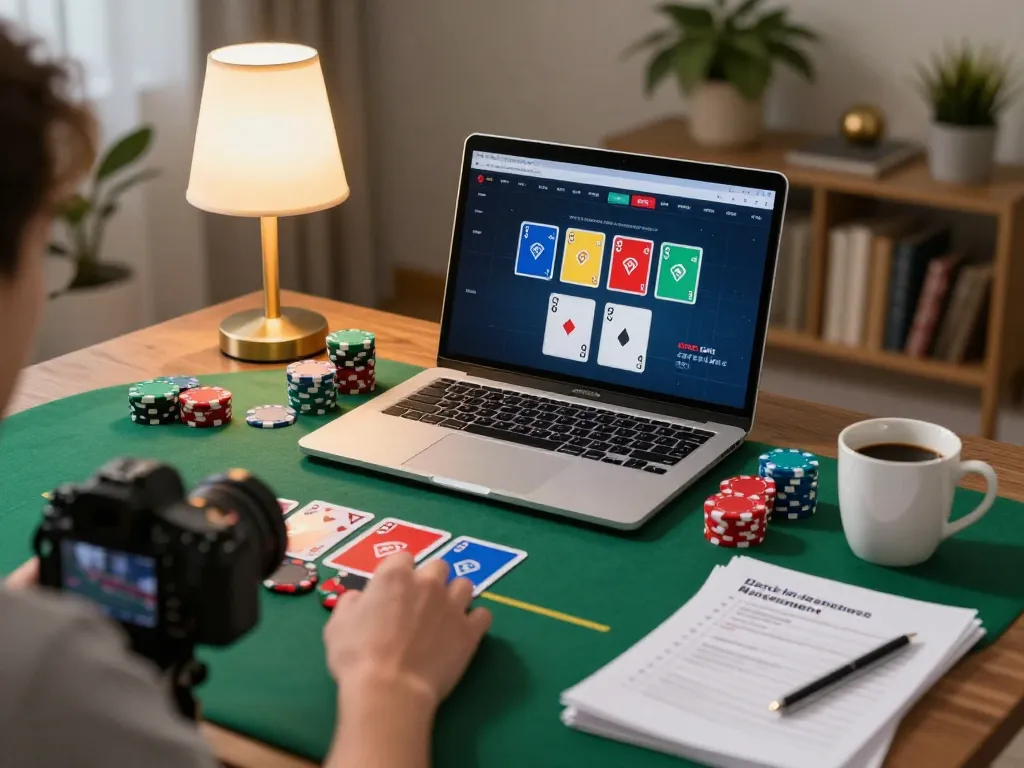 Engaging in online poker gameplay at FC88 with strategic notes and cozy home decor.
