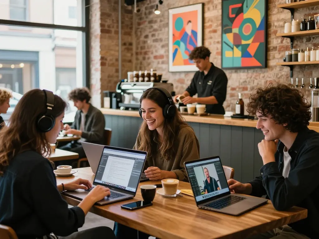 Engaging café scene featuring individuals exploring NSFW content on devices, showcasing vibrant urban lifestyle.