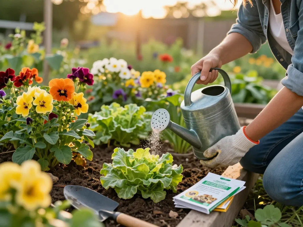 Aplicando fertilizante alrededor de plantas florecientes en un jardín vibrante, destacando el crecimiento saludable y el cuidado.