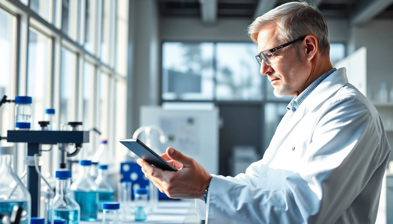 A scientist researching Retatrutide in a bright modern lab, surrounded by equipment.