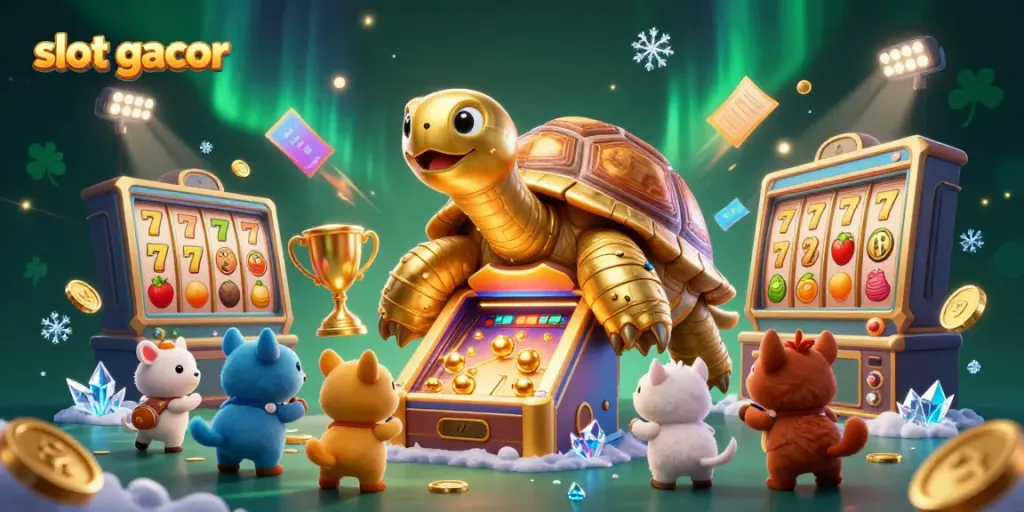 Experience the thrill of slot gacor with a dynamic scene featuring a golden tortoise pinball machine.
