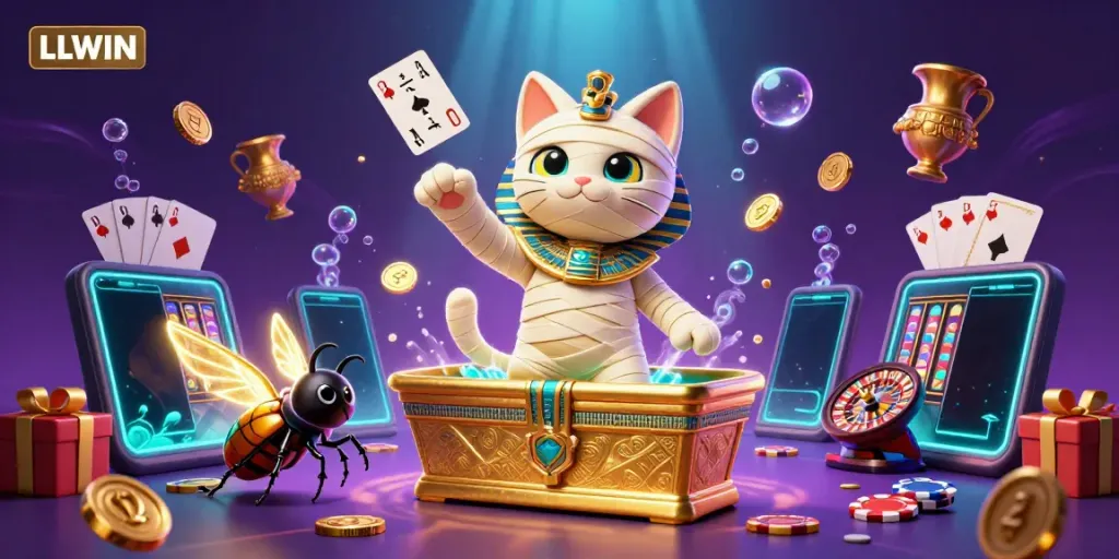 Experience thrilling casino magic with LLWIN as the mummy cat and scarab beetle bring luck and excitement.