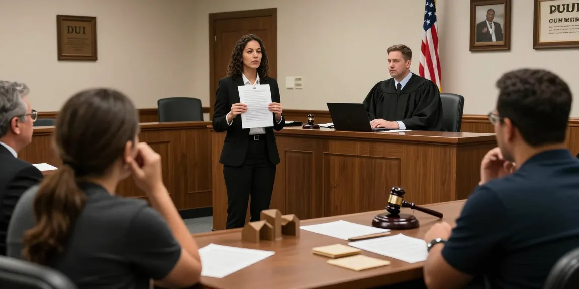 Cumming police DUI arrest courtroom scene highlighting a defense attorney advocating for a client during a trial.