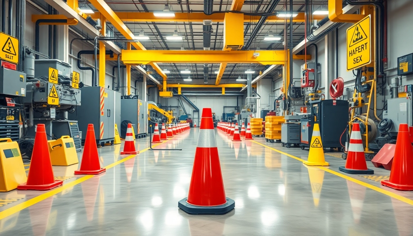 Identify physical hazards in a workplace setting with safety measures prominently displayed.