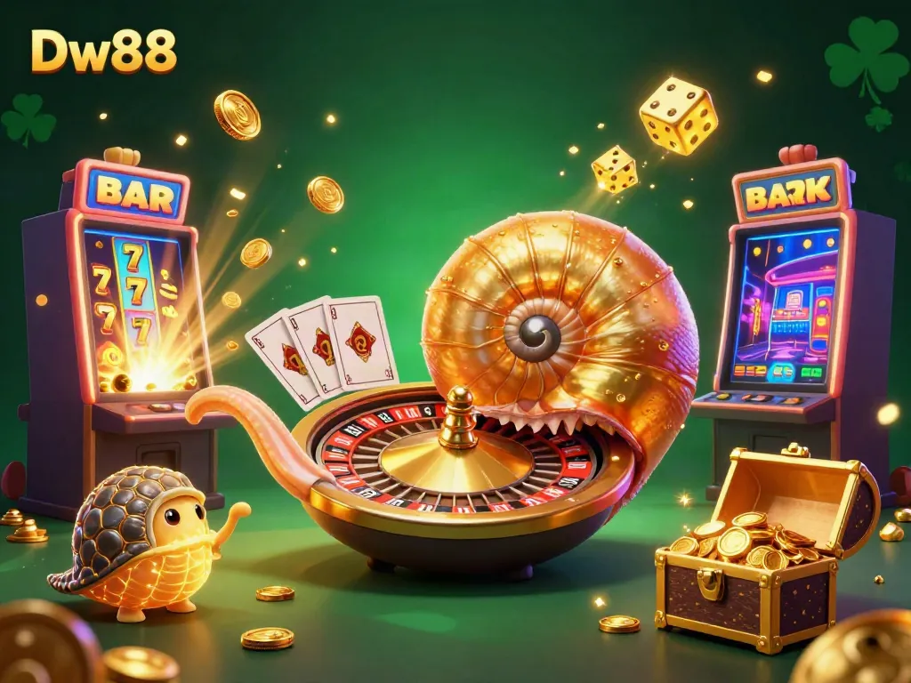 Win big with Dw88's colorful casino illustration showcasing slots, roulette, and golden treasures.