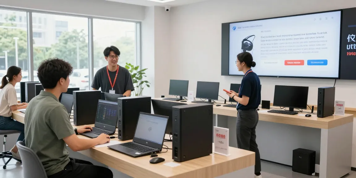 Refurbished PC showroom with customers exploring quality desktop and laptop options.
