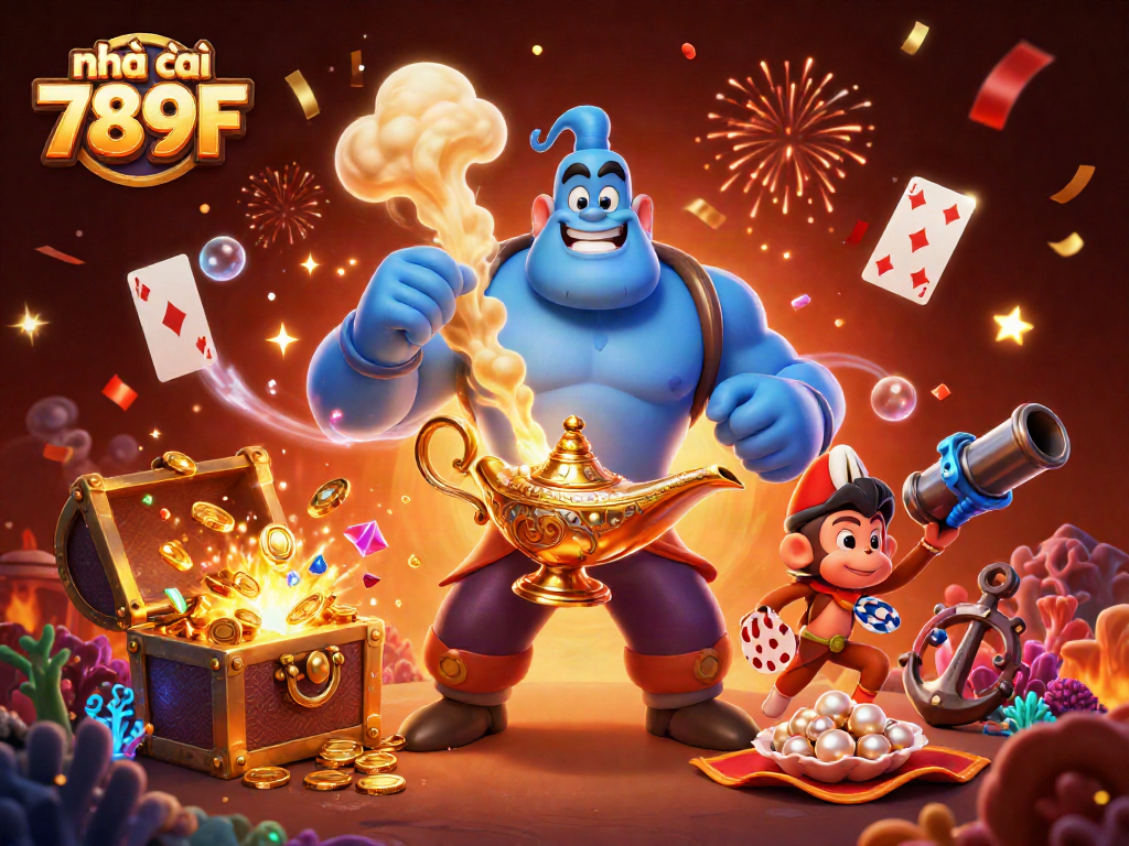 Experience excitement at nhà cái 789F with vibrant casino visuals featuring a genie and treasures.