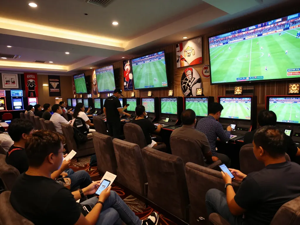 Pembetta yang antusias terlibat dalam Judi Bola di ruang taruhan olahraga kasino yang ramai