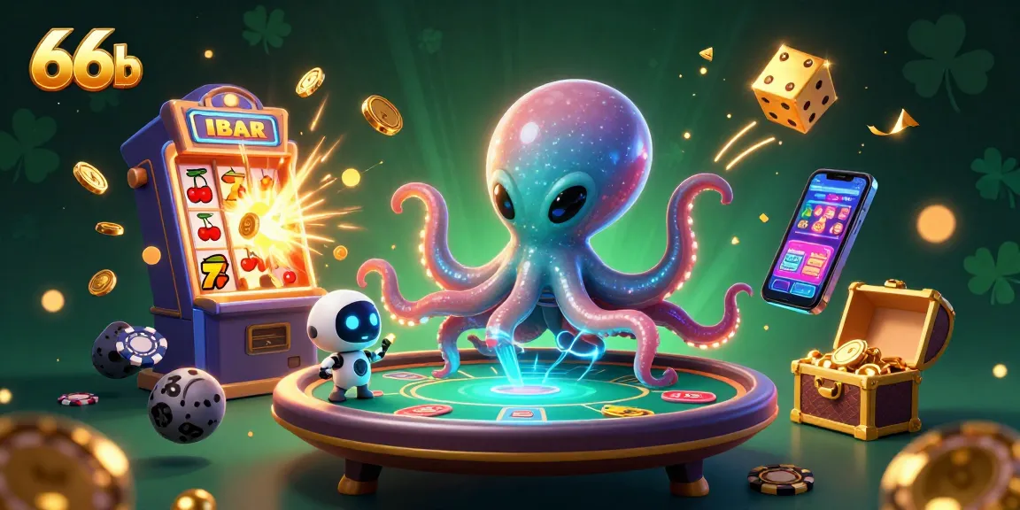 Engage with thrilling casino action at 66b with a holographic poker table and vibrant symbols.