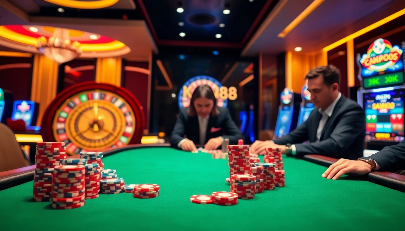 KONG88 poker action with colorful chips and a roulette wheel in a luxurious casino setting