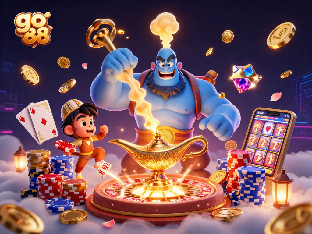 Experience the magic of go 88 with a vibrant casino scene featuring a genie, poker chips, and more.