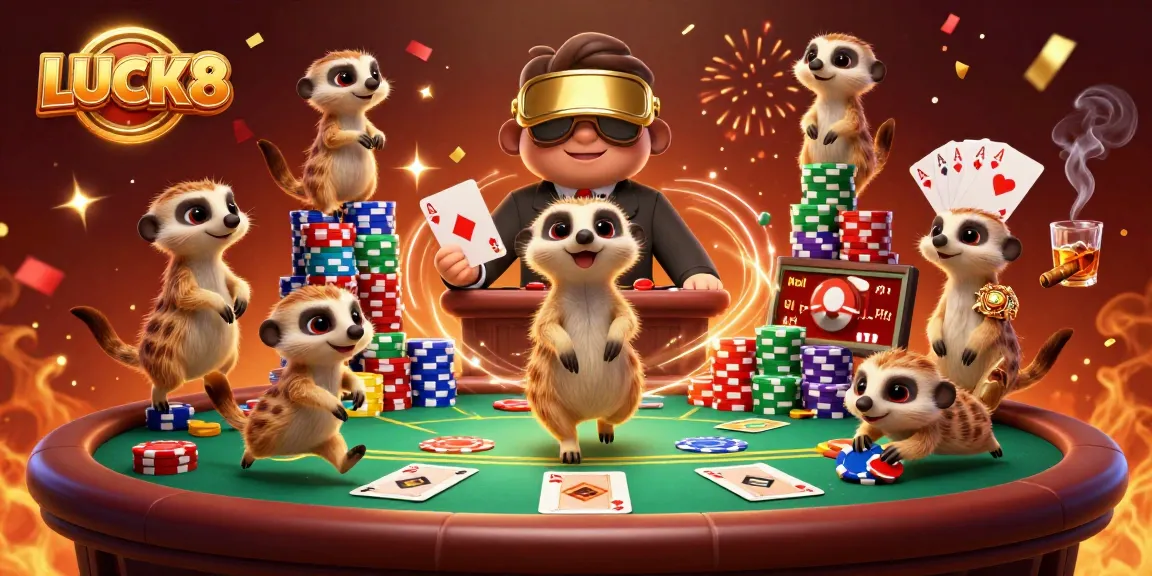 Experience LUCK8 excitement with meerkats orchestrating a vibrant casino scene filled with chips and colorful poker elements.