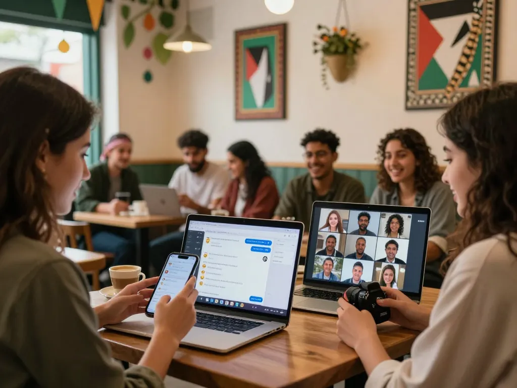Dردشة فلسطين scene of friends chatting joyfully in a cozy café setting, showcasing community connection and lively digital interaction.