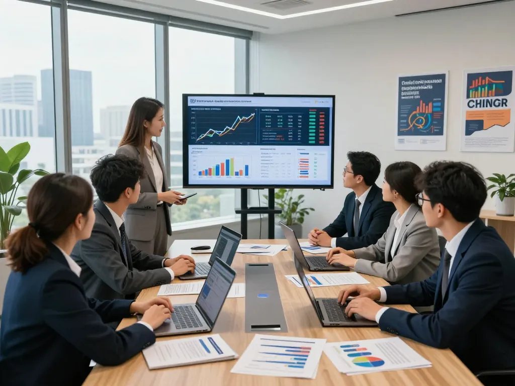 Team collaborating on credit enhancement services in a modern office, showcasing dynamic financial consulting atmosphere.