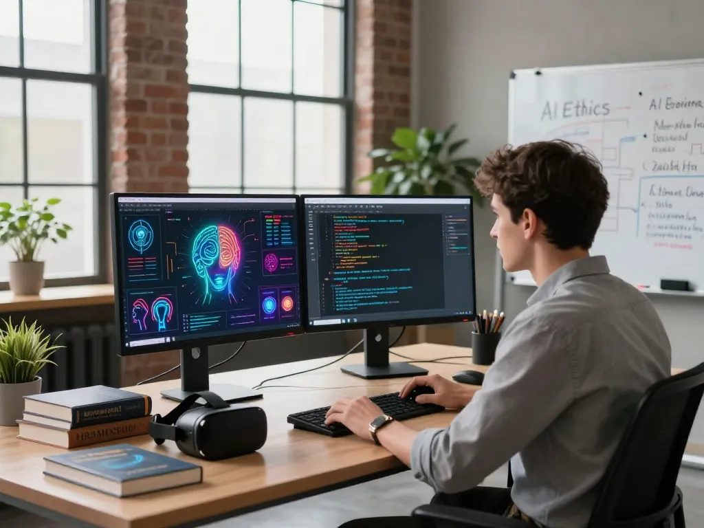 Developer utilizing mind control ai in a modern tech workspace with dual monitors and creative decor.