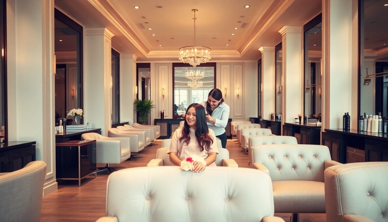 Inside a luxury hair salon showcasing elegant decor, relaxing atmosphere, and a stylist serving a client.