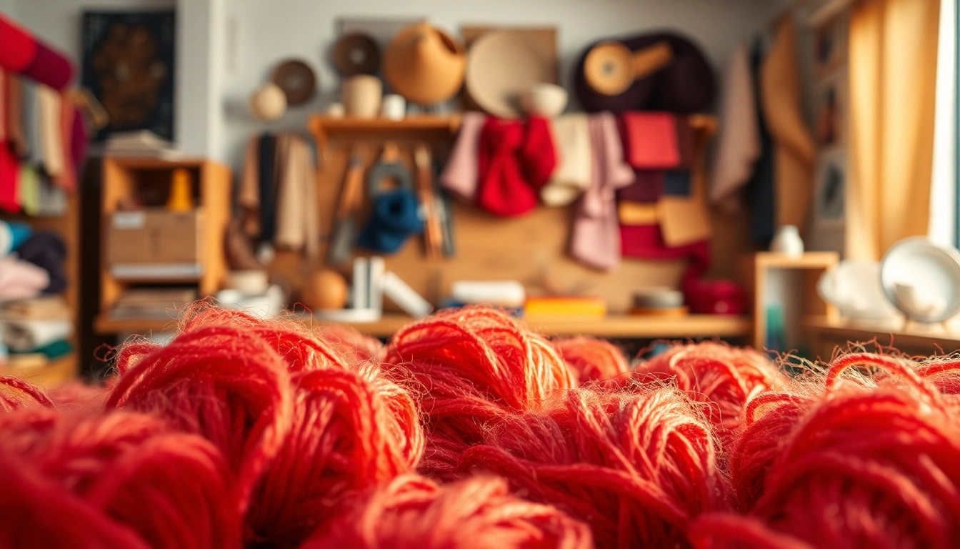 Katoen vezels in een creatieve studio, rijk aan kleuren en texturen.