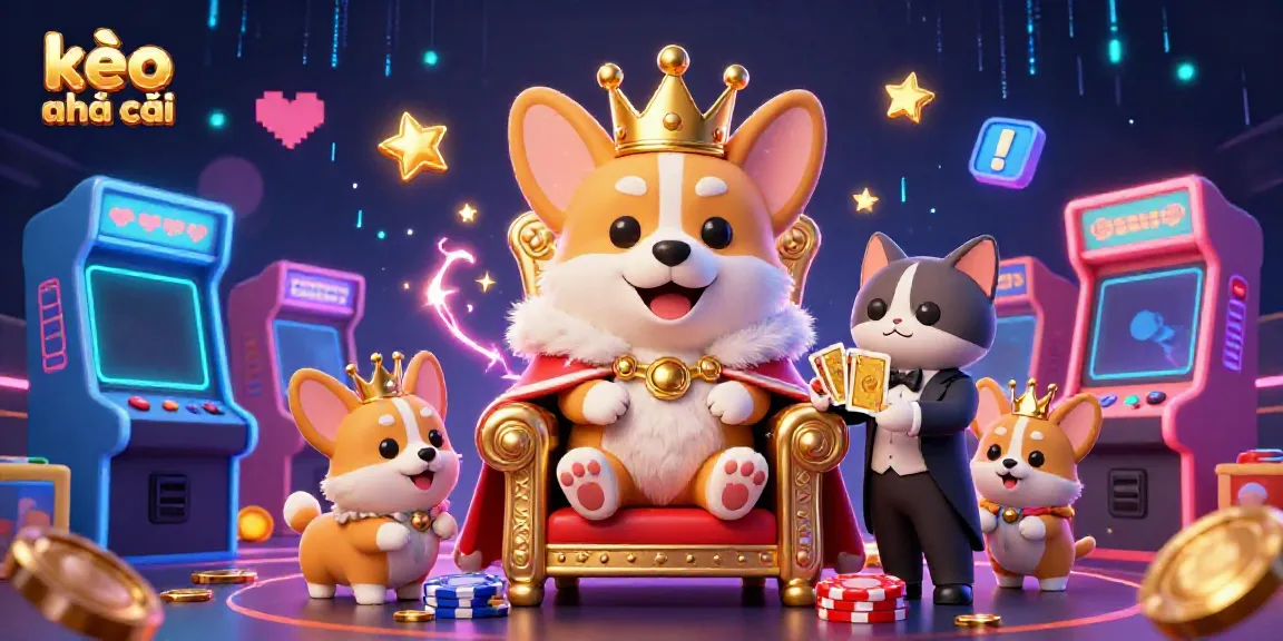Engage with kèo nhà cái as a cartoon corgi king sits on a throne of poker chips, showcasing vibrant casino elements.