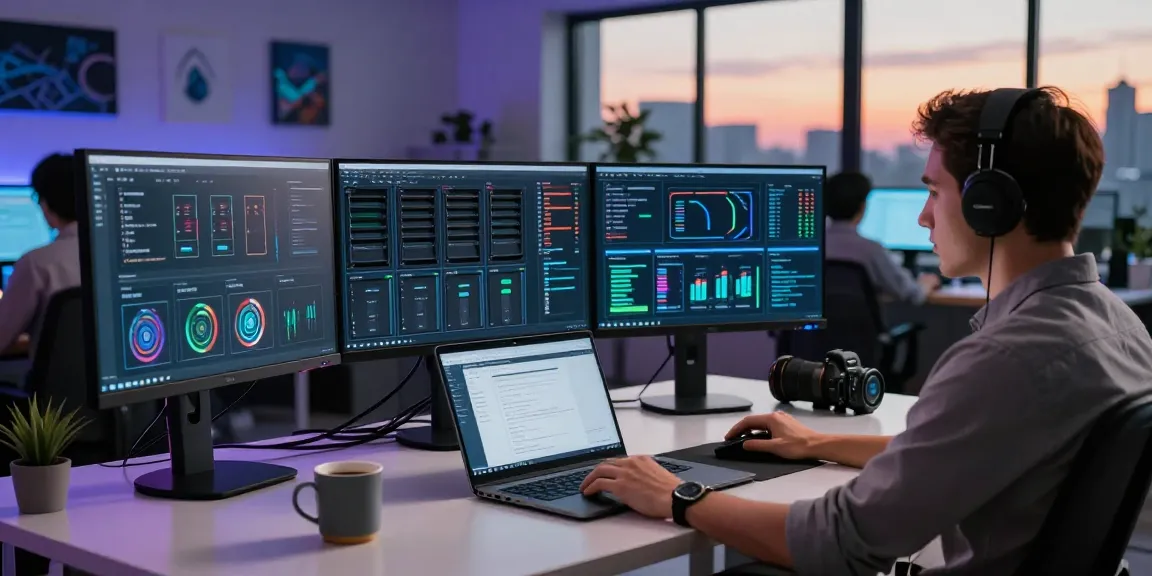 IT professional managing VDS server performance in a modern workspace with multiple monitors.