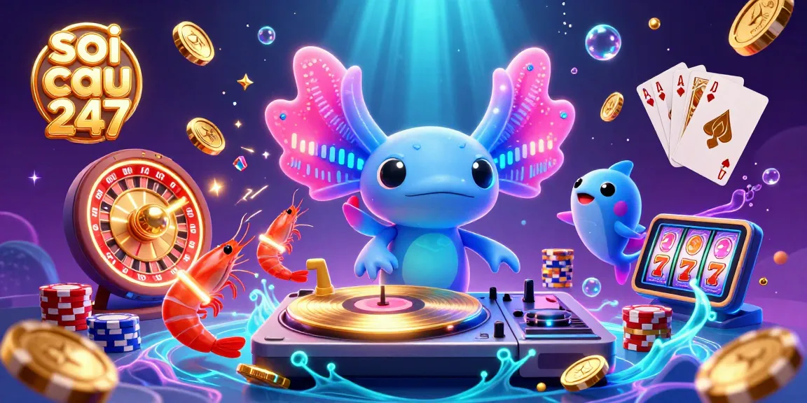 Soi cau 247 highlights a lively underwater casino scene featuring a DJ axolotl, dancing shrimp, and vibrant gaming elements.