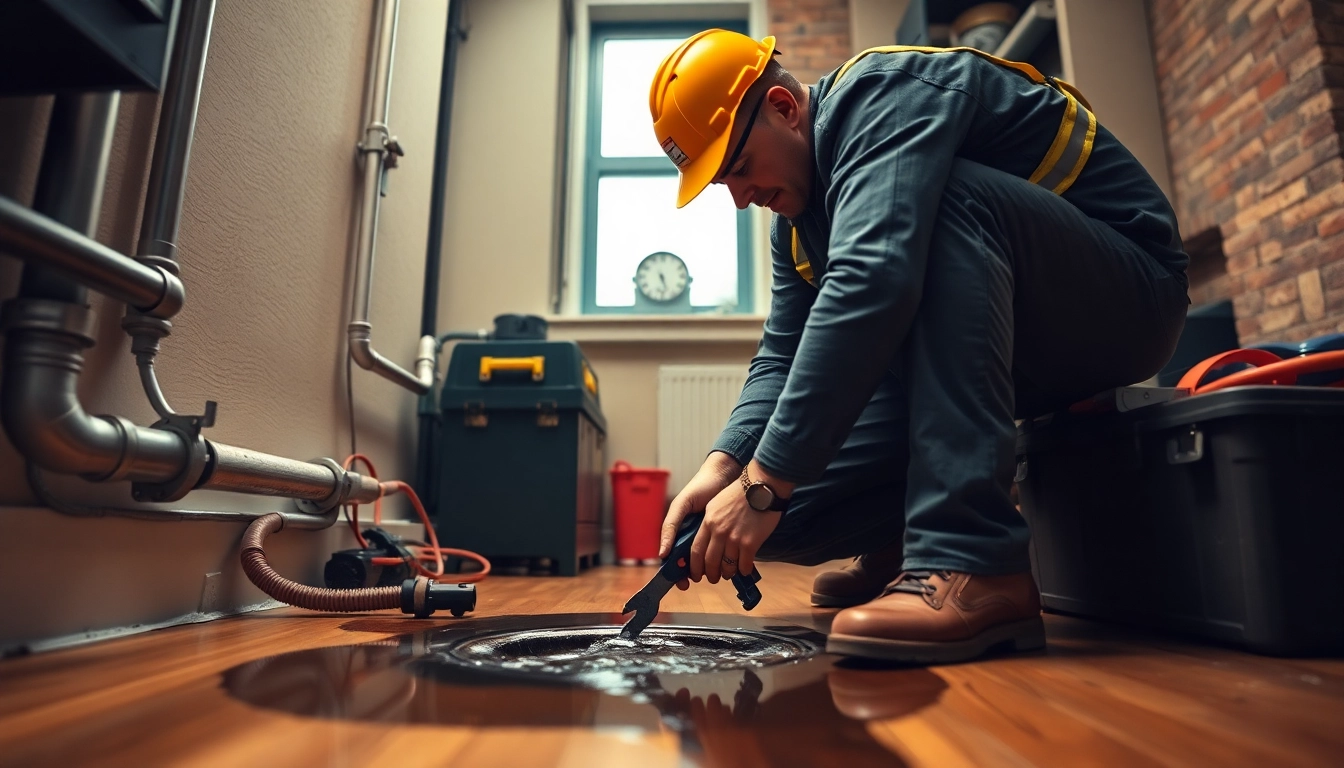 Emergency plumbing help for sewer backup by a licensed plumber in NYC inspecting a clogged drain.
