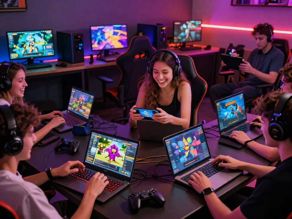 Players enjoying online sex games on various devices in a vibrant gaming lounge.