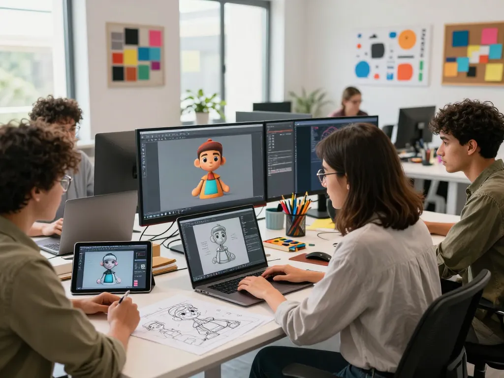 3D Model generator in action with a diverse team collaborating on creative designs.