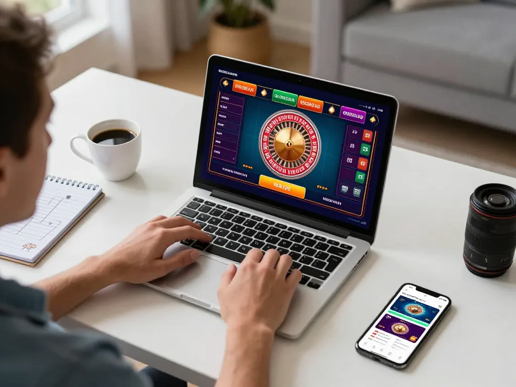 Luck8 player strategizing at home table while enjoying online roulette game on laptop.
