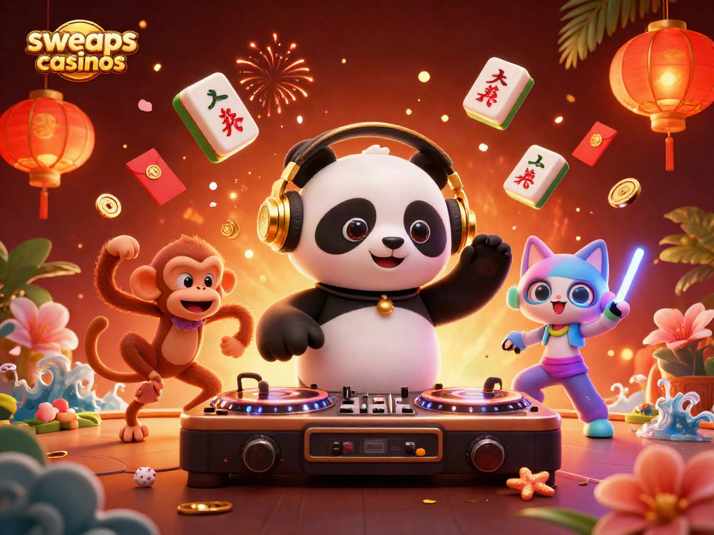 Engaging 3D scene showcasing DJ panda and friends at sweeps casinos, with vibrant colors and festive gambling elements.