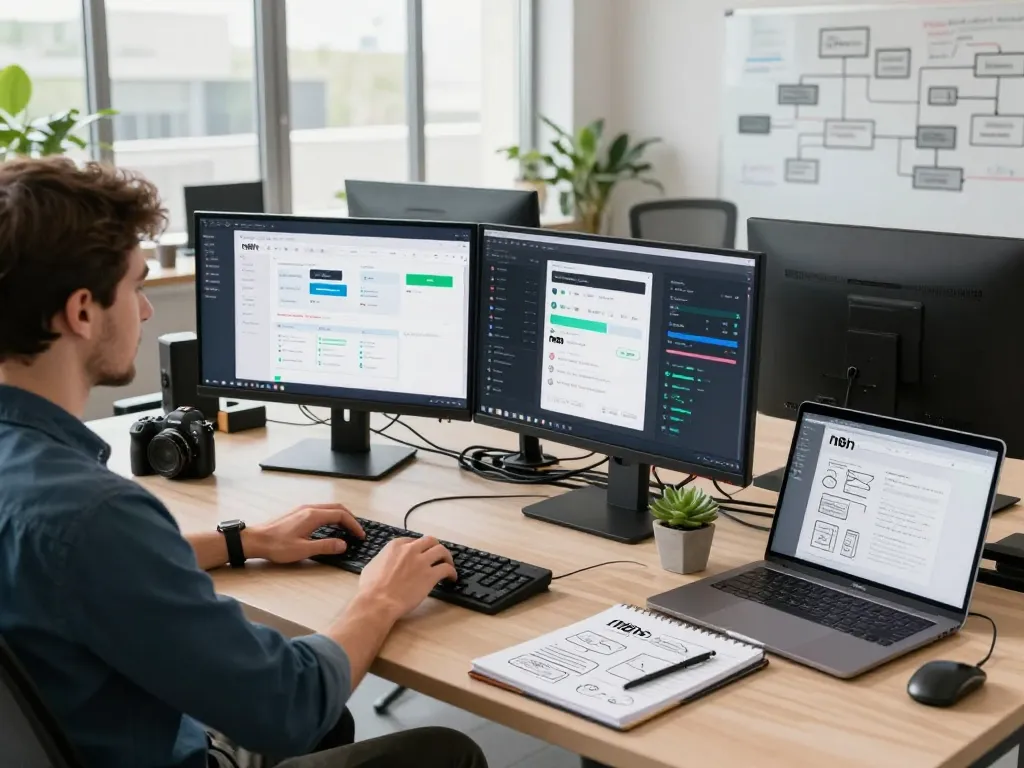 Developer analyzing n8n workflows in a modern tech workspace.