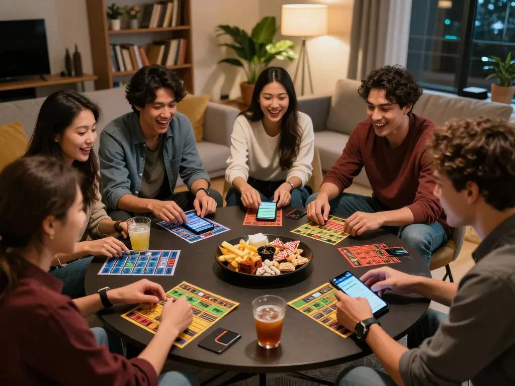 Socolive sports betting scene with friends cheering while placing bets on their smartphones