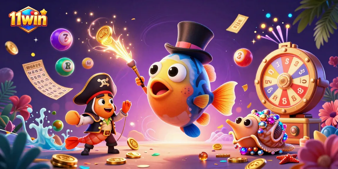 Engage with 11win's vibrant illustration featuring a deep-sea anglerfish luring gold coins amidst a treasure-filled scene.