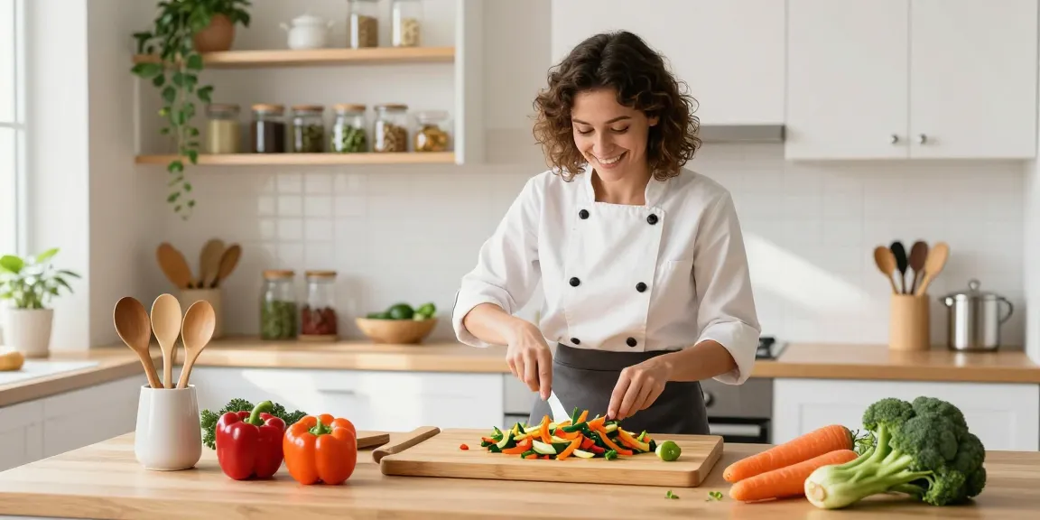 Home cook preparing on bamboo cutting boards in a modern kitchen, surrounded by fresh vegetables and organized cooking tools.