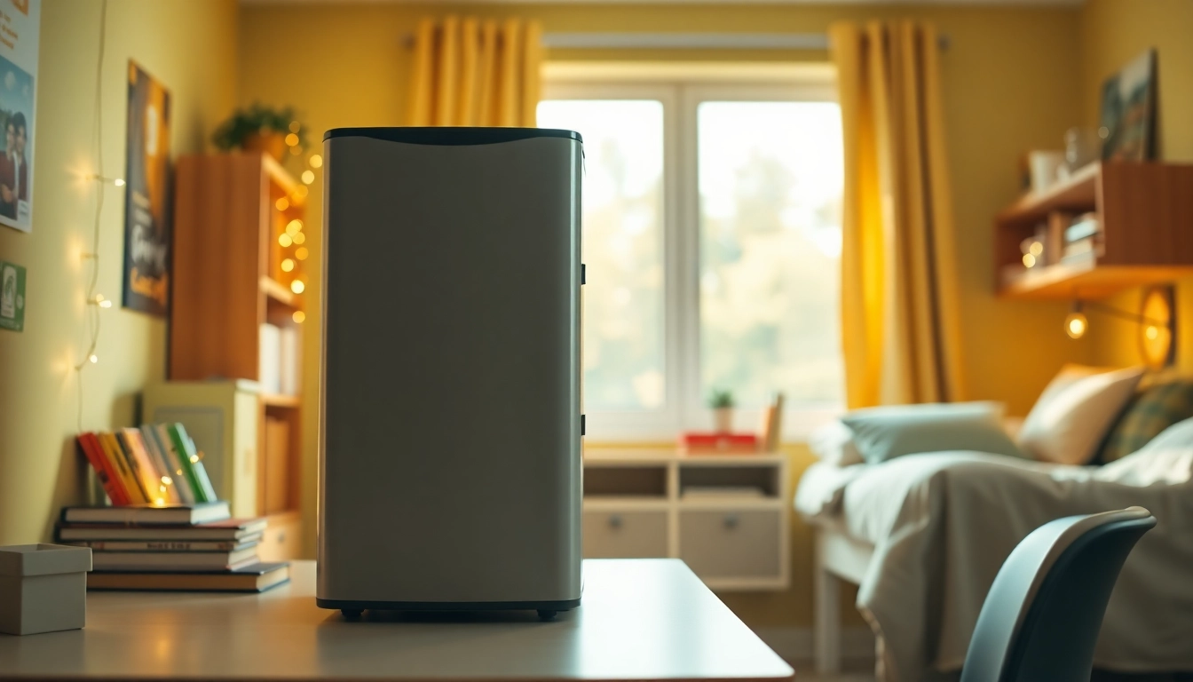 Showcase of a stylish dorm room fridge in a cozy college setting with warm lighting.