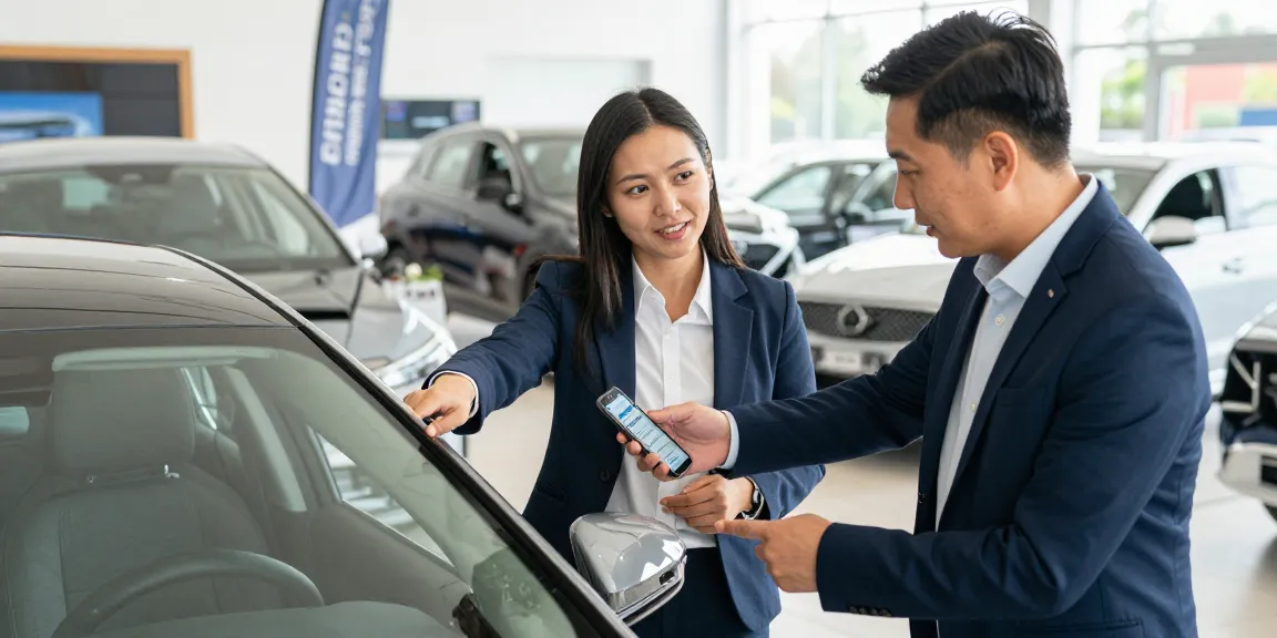 Car check UK report being referenced by a buyer and a salesperson during a vehicle inspection.