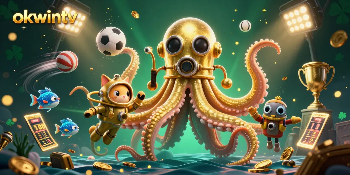 Engage with okwintv's vibrant gambling scene featuring a kraken, diving cat, and sports elements.