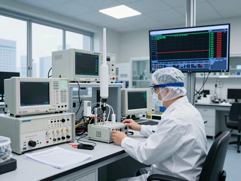 Engineer performing EMC testing on telecommunications device ensuring ETSI compliance in a high-tech lab.
