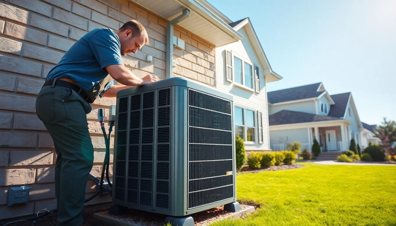 Technician installing american standard ac in a suburban setting with a well-kept lawn.