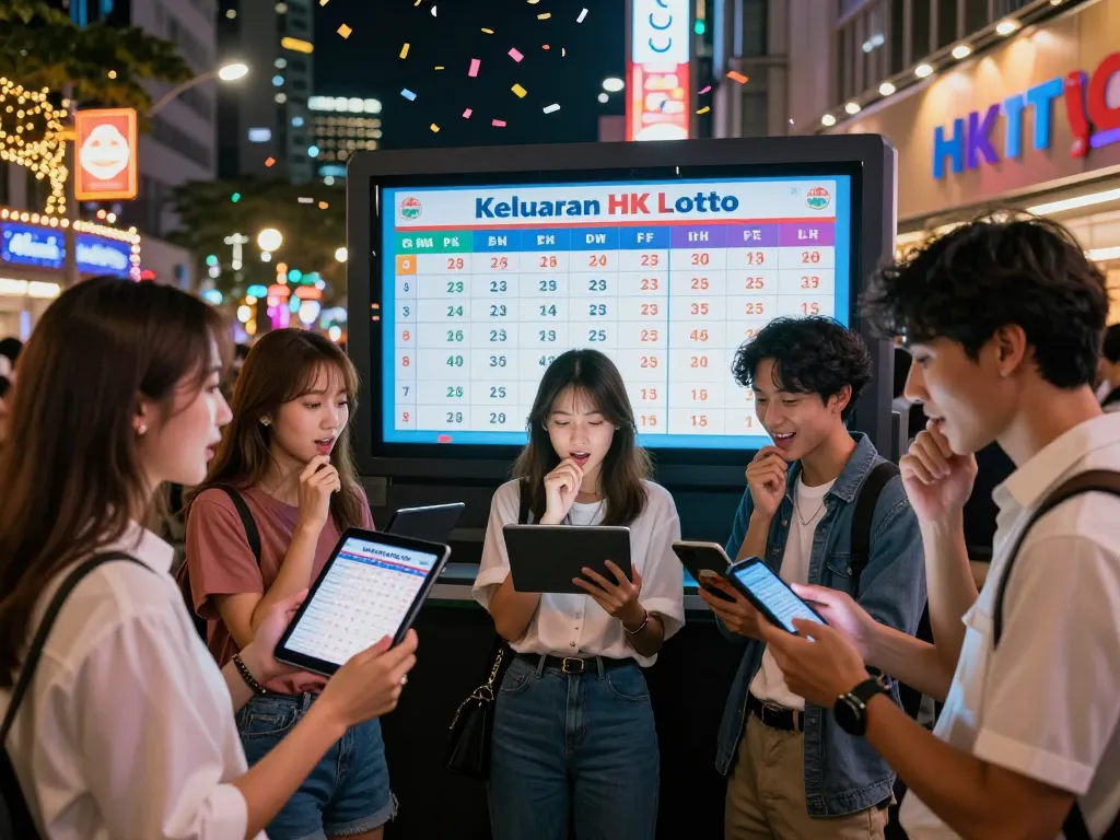 Hasil Keluaran HK Lotto ditampilkan di layar besar dengan pemain yang bersemangat di lingkungan perkotaan merayakan keberhasilan lotere mereka.