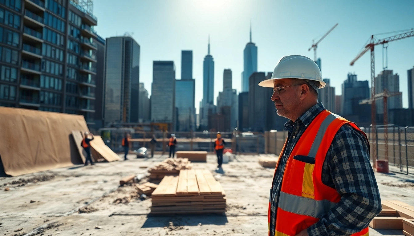 New York City General Contractor overseeing a construction site with city skyline.