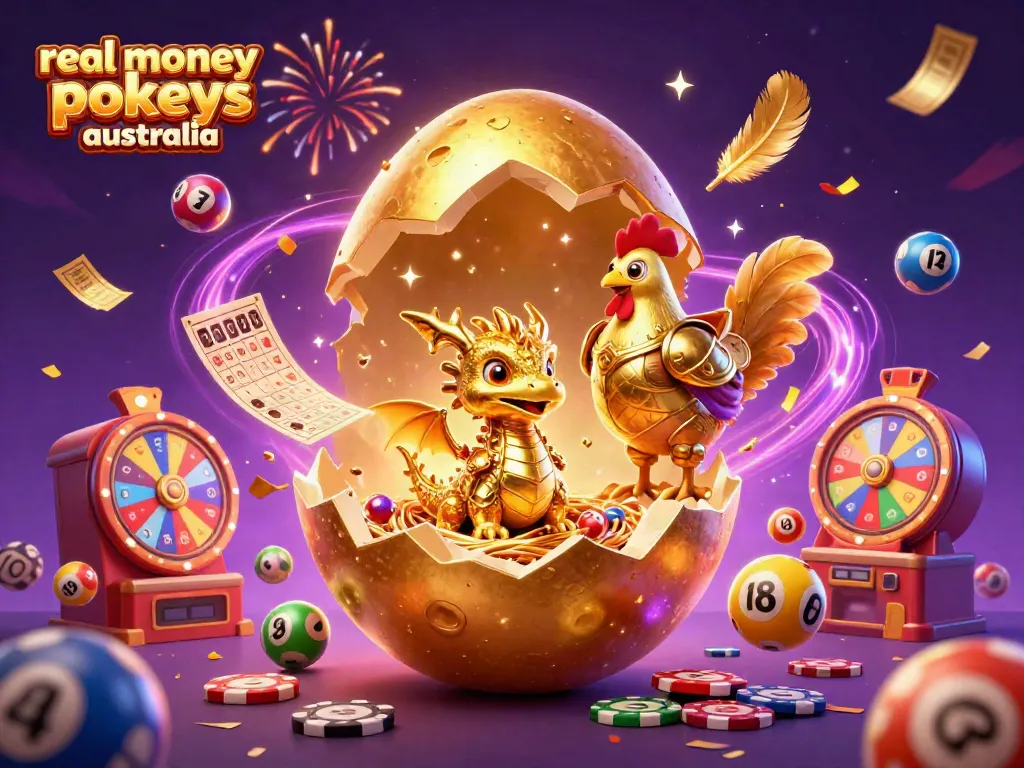 Win big with real money pokies Australia in this vibrant 3D casino scene featuring colorful games.