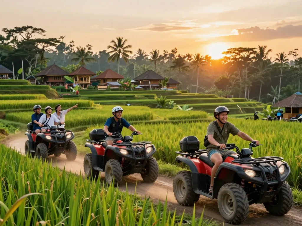 Experience thrilling Bali tour packages as travelers ride ATVs through stunning jungles and rice fields at sunset.