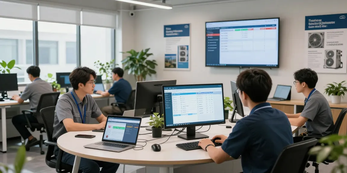 HVAC service software in action with technicians collaborating in a modern office environment
