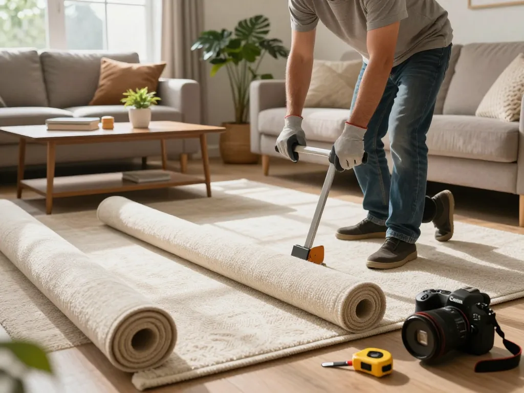 Carpet fitters near me working in a cozy living room, showcasing tools and a roll of carpet during installation.