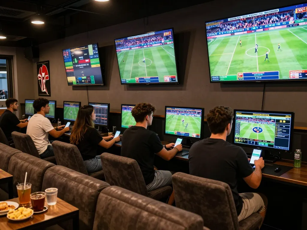 Engaging in sports betting at nhà cái, with individuals placing bets on mobile apps in a lively lounge.