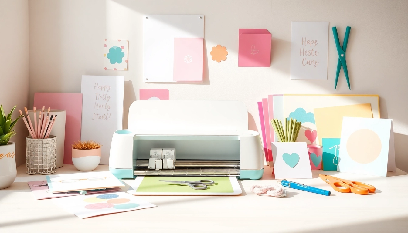 Cricut for beginners showcasing a vibrant crafting workspace with a Cricut machine and colorful materials.
