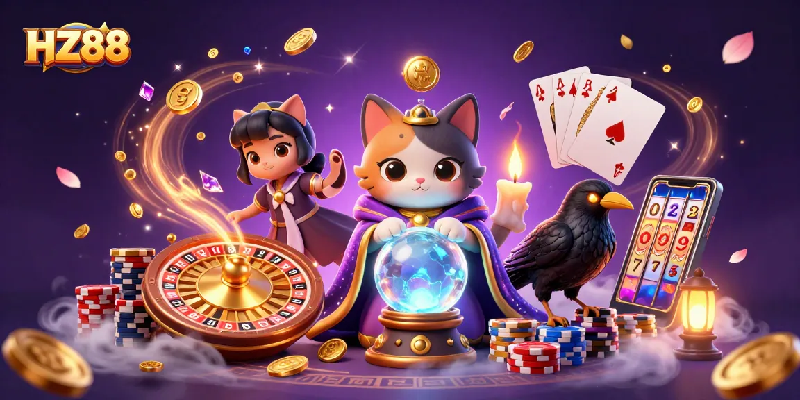 Spin the fortune wheel at HZ88 with mystical characters and vibrant casino elements in a rich atmosphere.