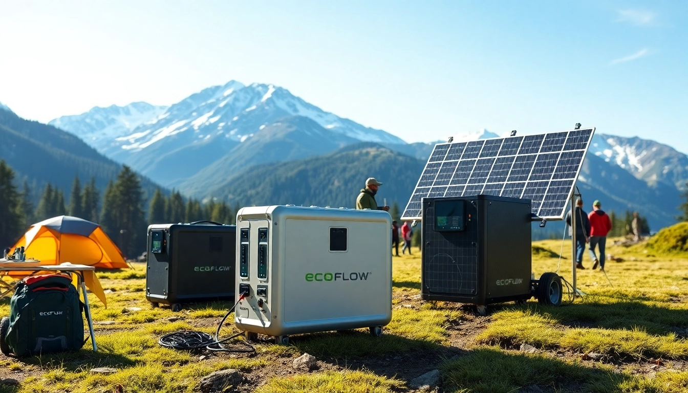 EcoFlow power station showcased outdoors against a mountain backdrop with bright scenery.