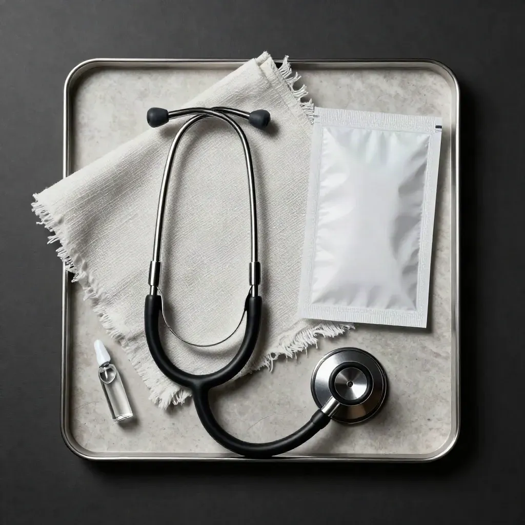 Stethoscope, ampoule, and linen gauze arranged on pale stone in dramatic top-down light.