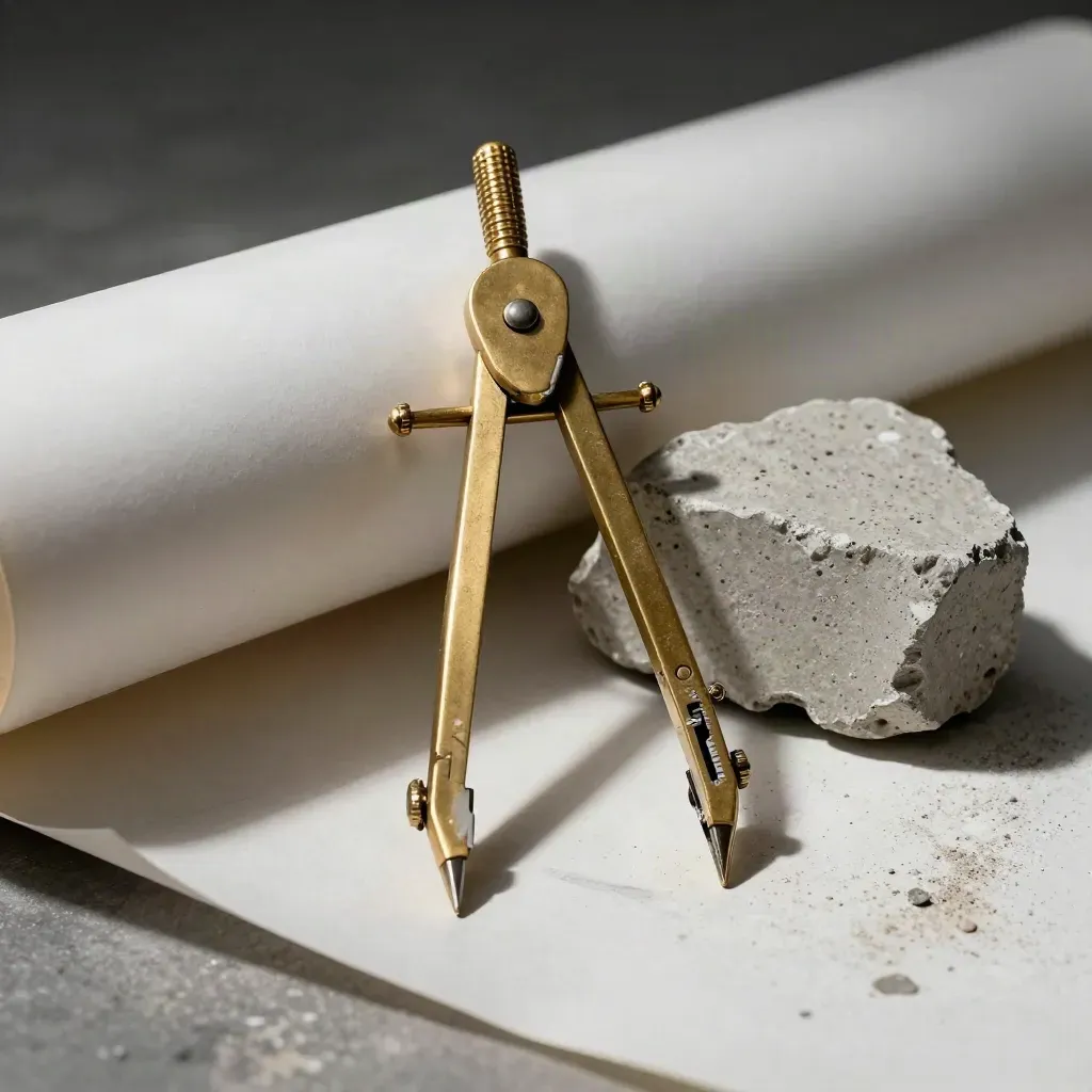 Brass architect compass, tracing paper, and concrete chip on pale stone in dramatic studio light.